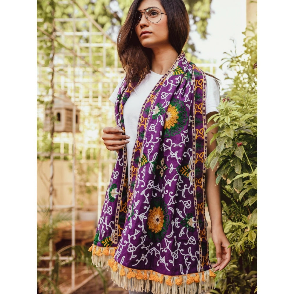 Amfyn Women's Cotton Embroidered Muffler (Purple, Length: 0.5 to 1 Mtr)