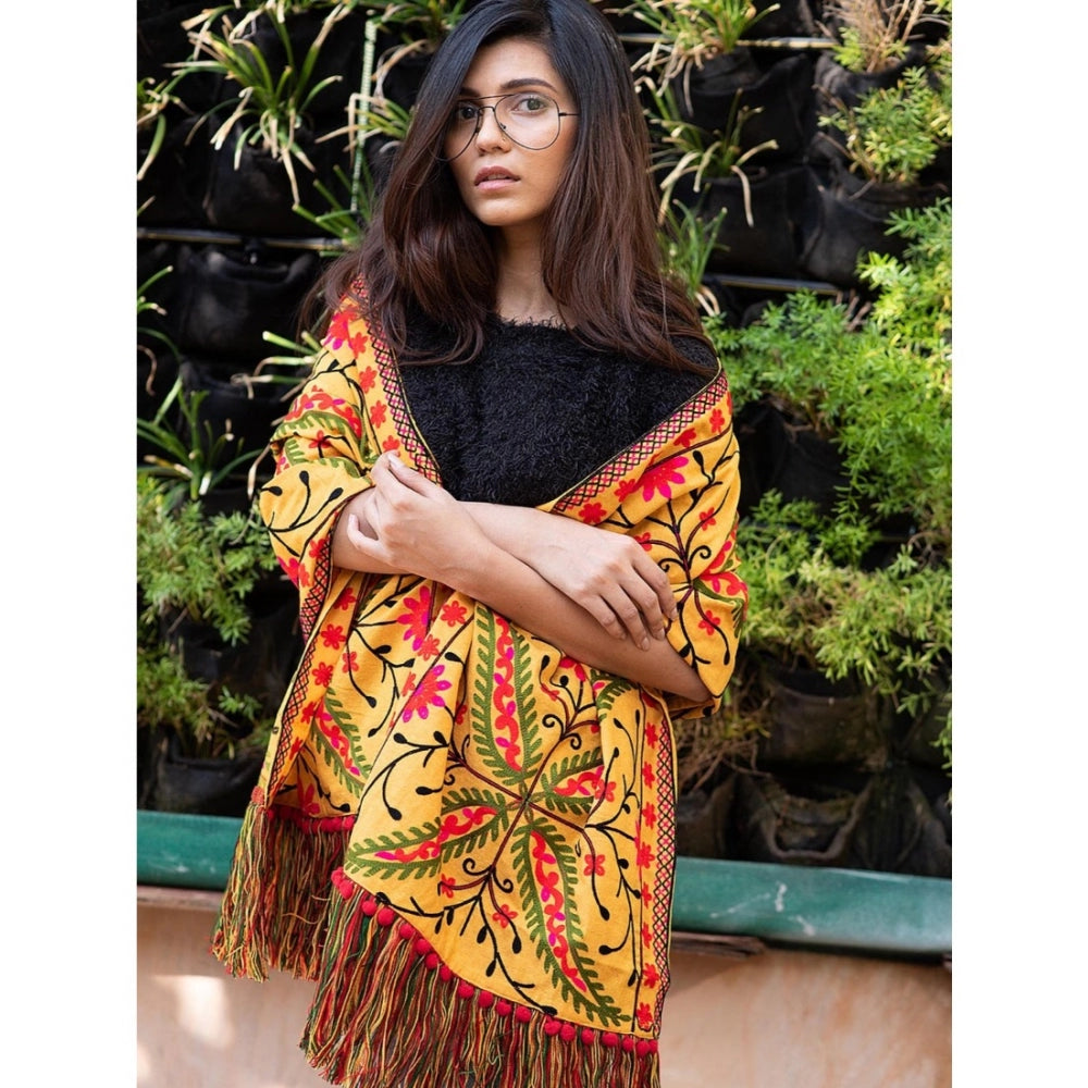 Amfyn Women's Cotton Embroidered Muffler (Mustard, Length: 0.5 to 1 Mtr)