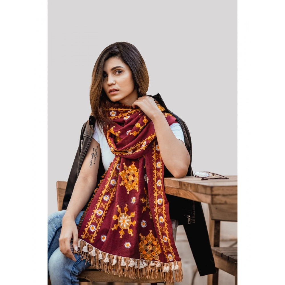 Amfyn Women's Cotton Embroidered Muffler (Maroon, Length: 0.5 to 1 Mtr)