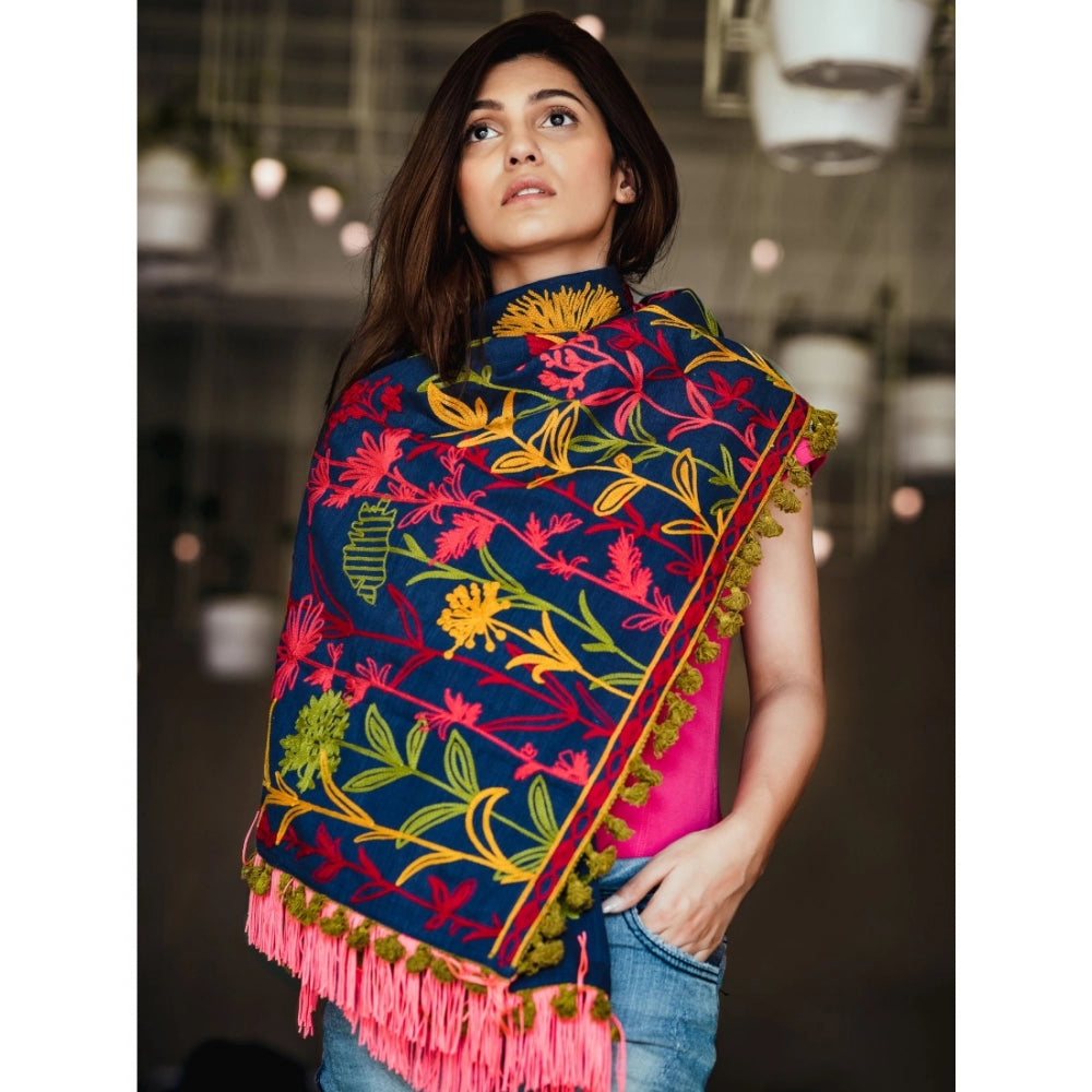Amfyn Women's Cotton Embroidered Muffler (Navyblue, Length: 0.5 to 1 Mtr)