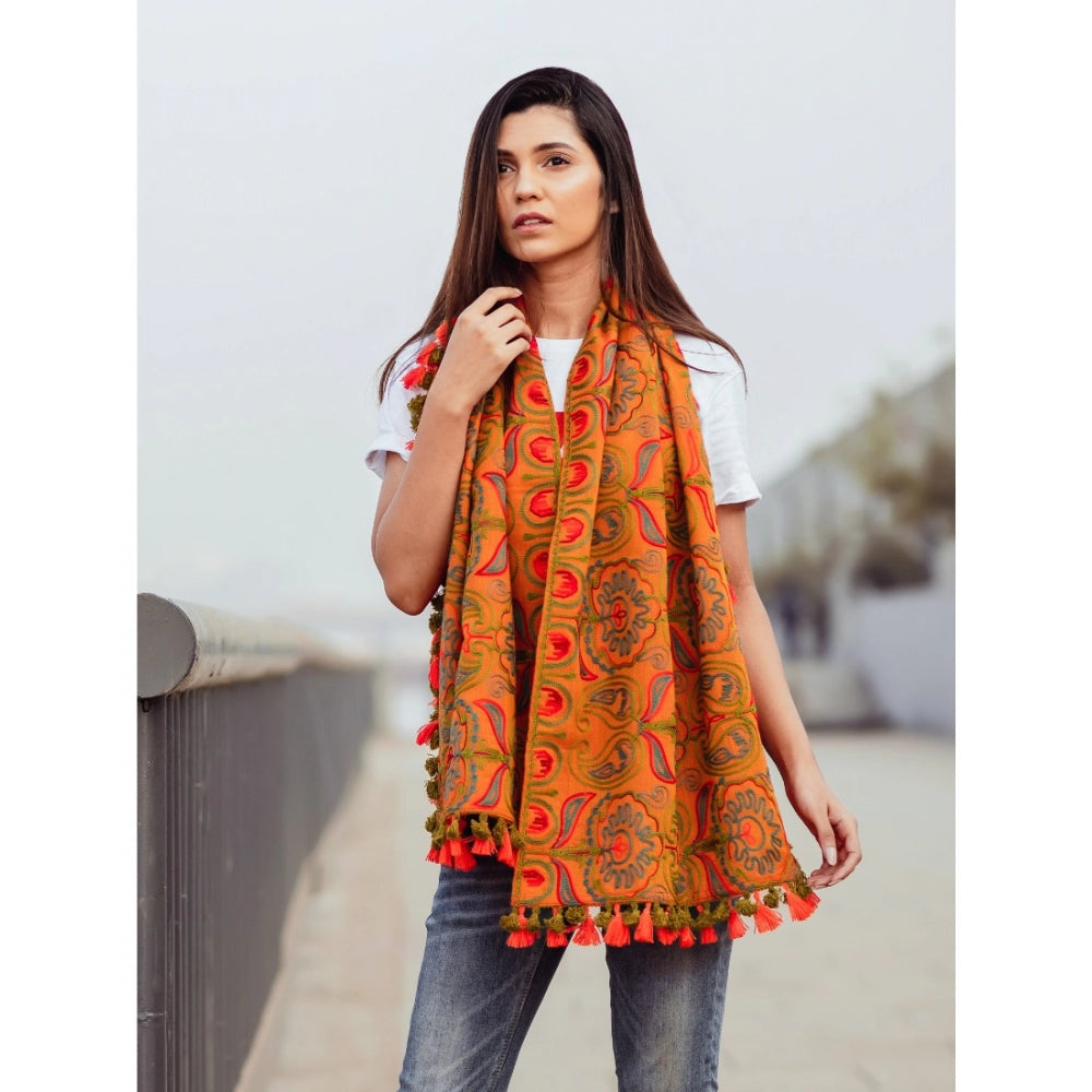 Amfyn Women's Cotton Embroidered Muffler (Orange, Length: 0.5 to 1 Mtr)