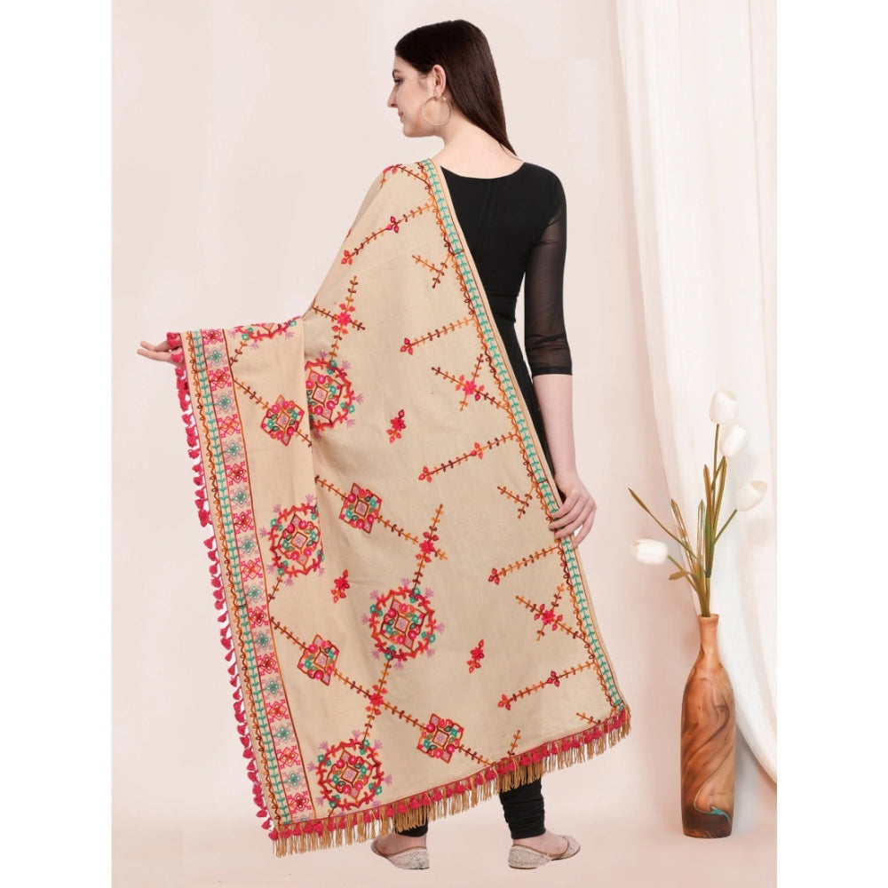 Amfyn Women's Cotton Embroidered Dupatta (Beige, Length: 0.5 to 1 Mtr)