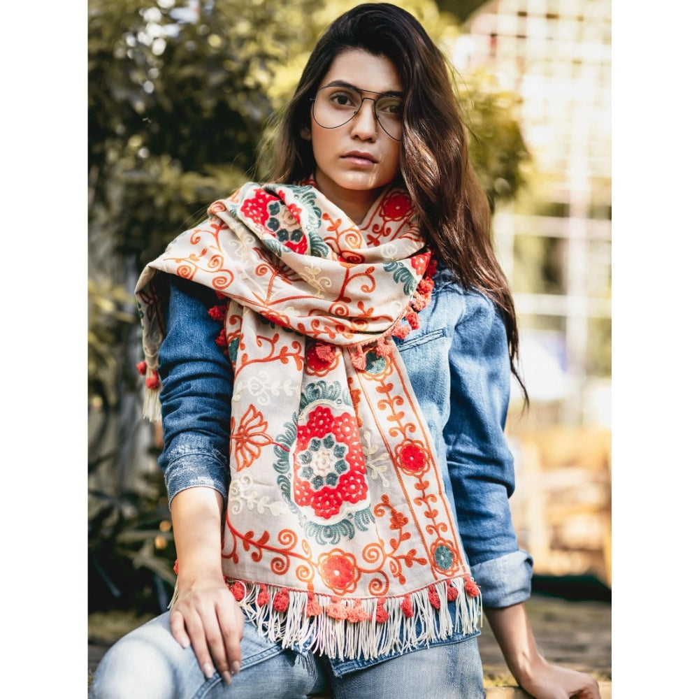 Amfyn Women's Cotton Embroidered Muffler (Beige, Length: 0.5 to 1 Mtr)
