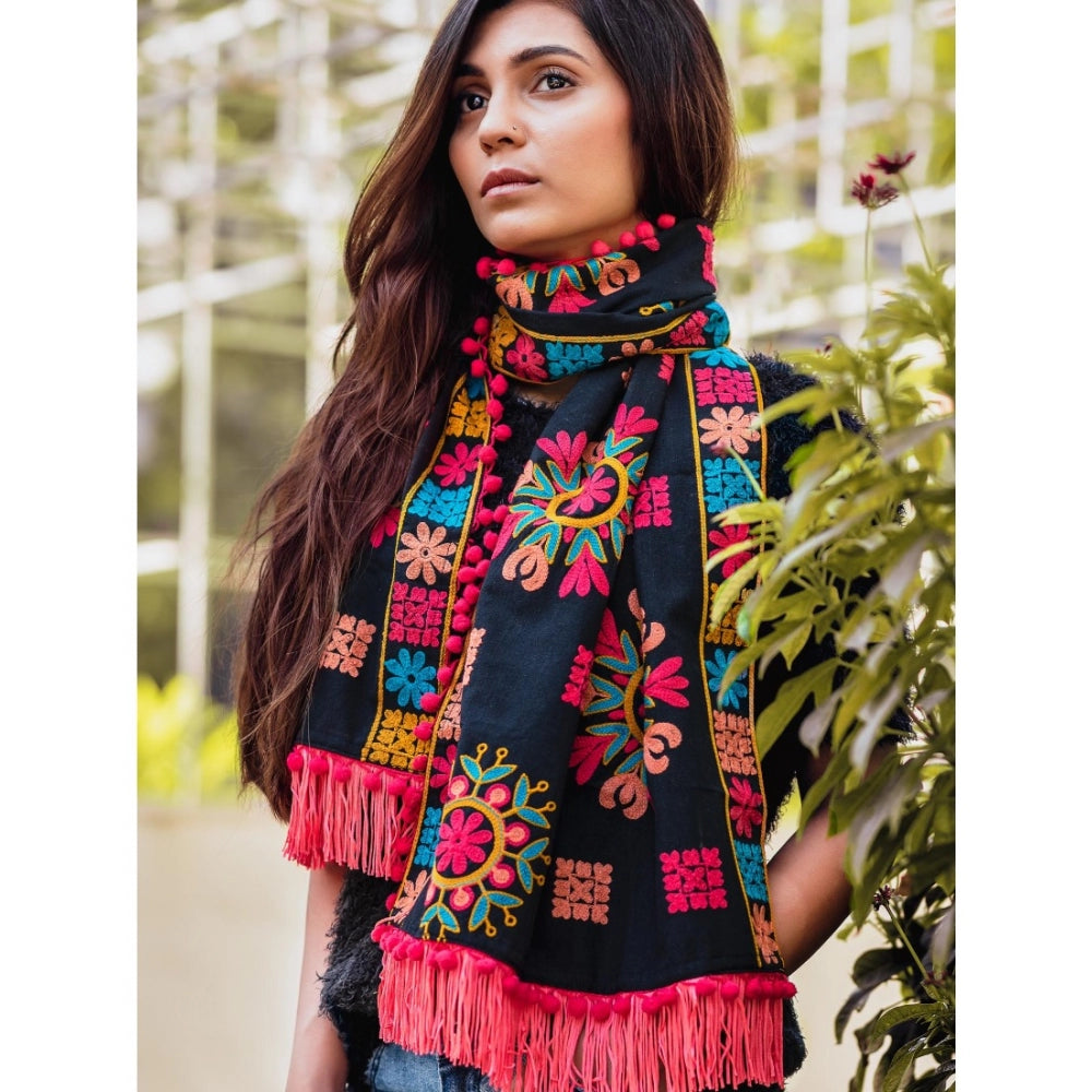Amfyn Women's Cotton Embroidered Muffler (Black, Length: 0.5 to 1 Mtr)