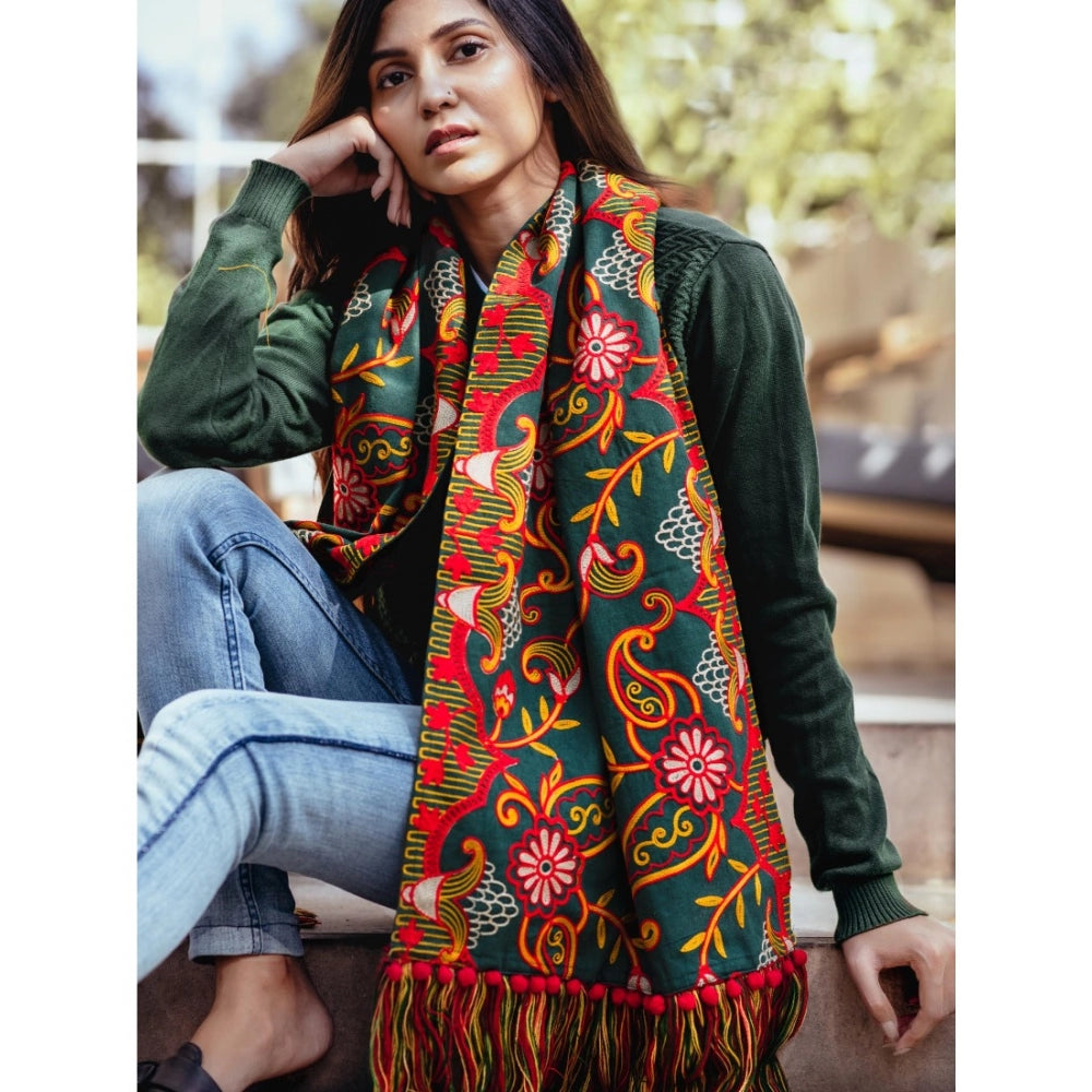 Amfyn Women's Cotton Embroidered Muffler (Green, Length: 0.5 to 1 Mtr)