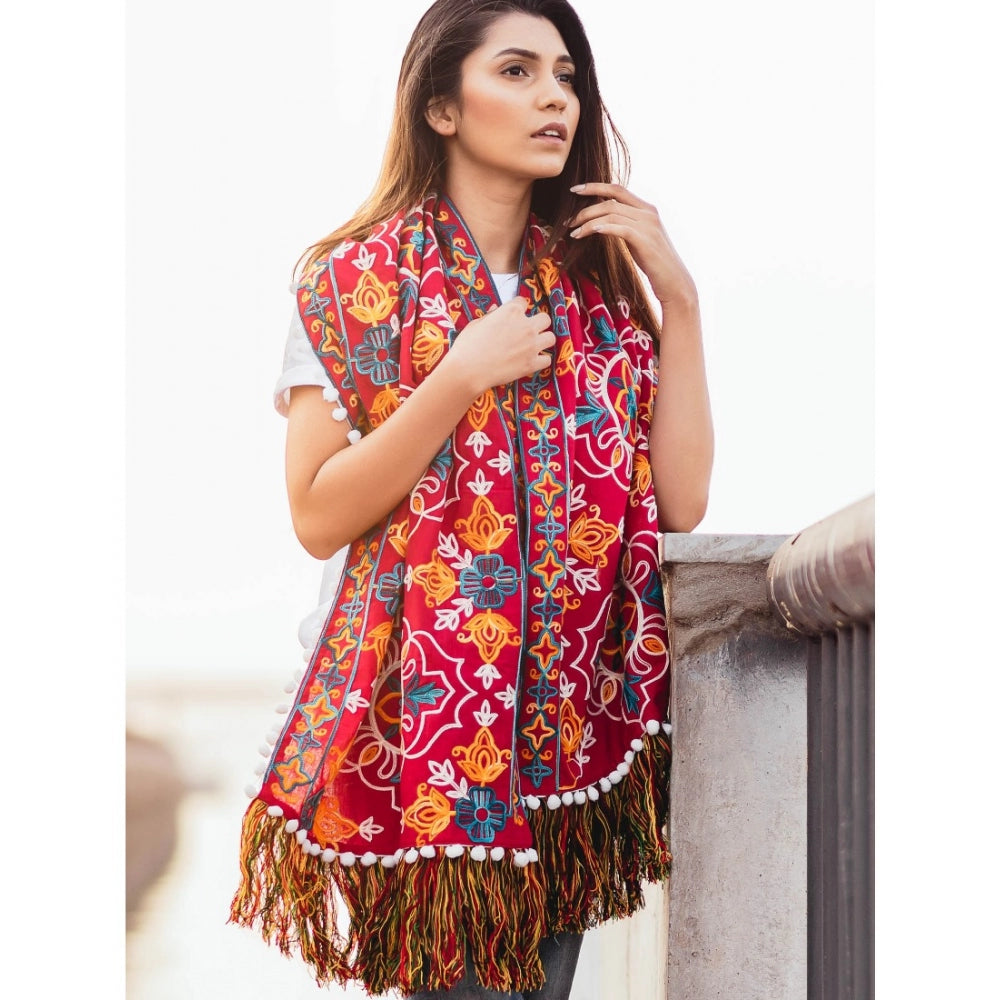 Amfyn Women's Cotton Embroidered Muffler (Red, Length: 0.5 to 1 Mtr)