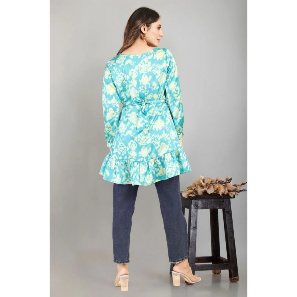 Amfyn Women's Casual Full Sleeve Printed Satin Top (Turquoise)