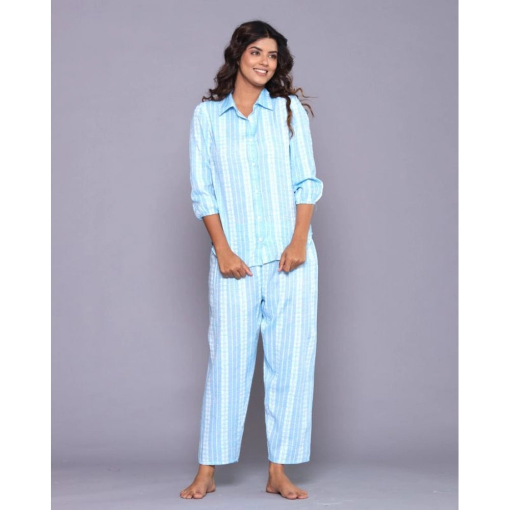 Amfyn Women's Casual Cotton 3-4th Sleeve Full Night Suit Set (Aqua)