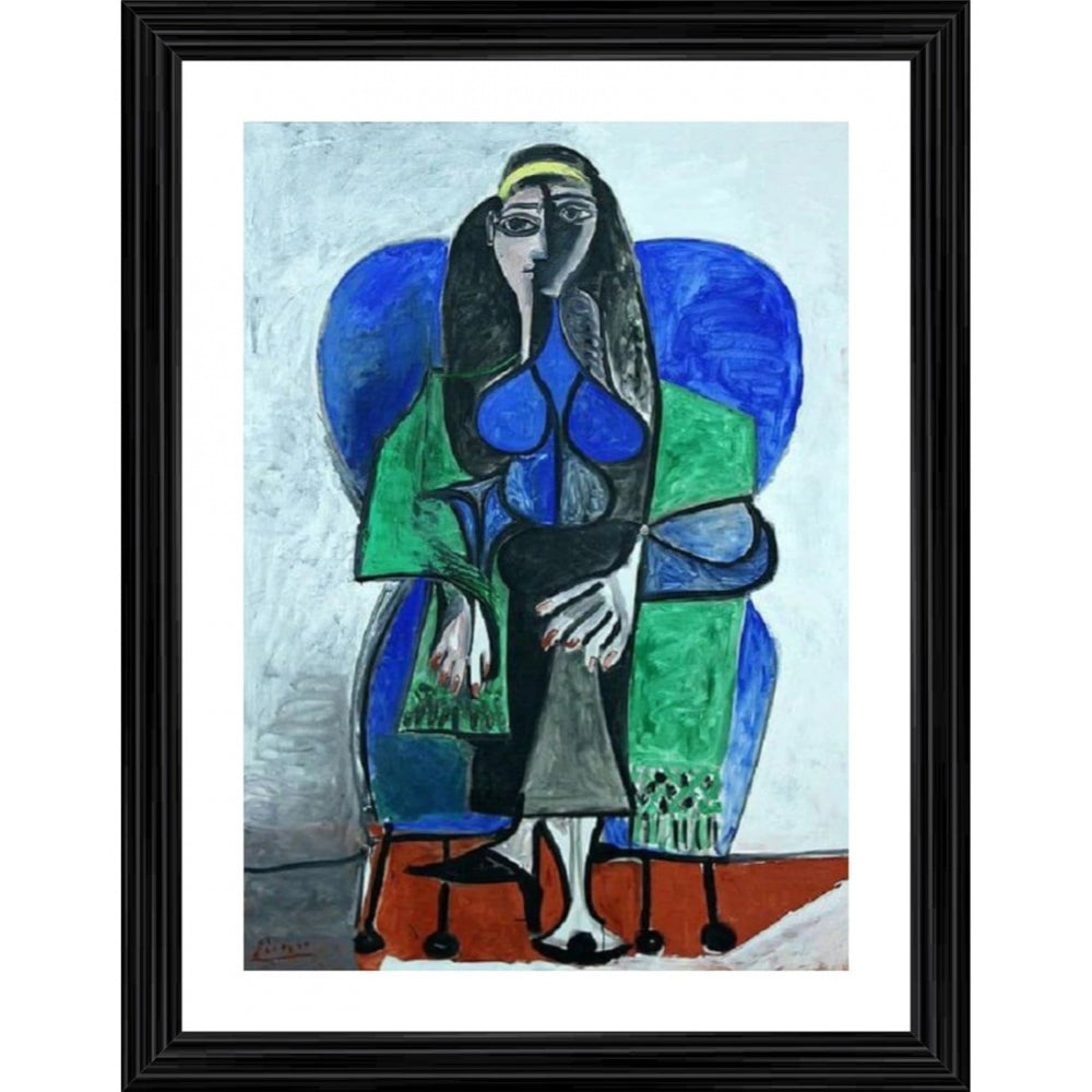 Amfyn Seated Woman with Green Shawl 1960 Painting With Wood Photo Frame (Multicolor)