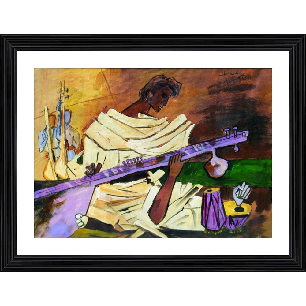 Amfyn Sitar Player Painting With Wood Photo Frame (Multicolor)