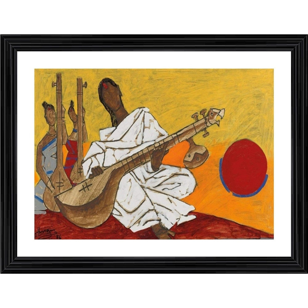Amfyn Sitar Player Lady Painting With Wood Photo Frame (Multicolor)