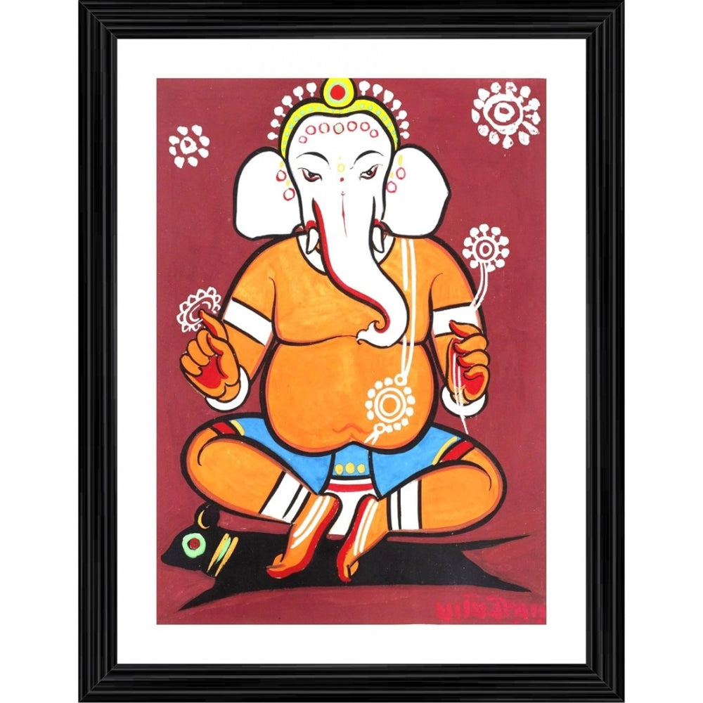 Amfyn Ganesh Painting With Wood Photo Frame (Multicolor)
