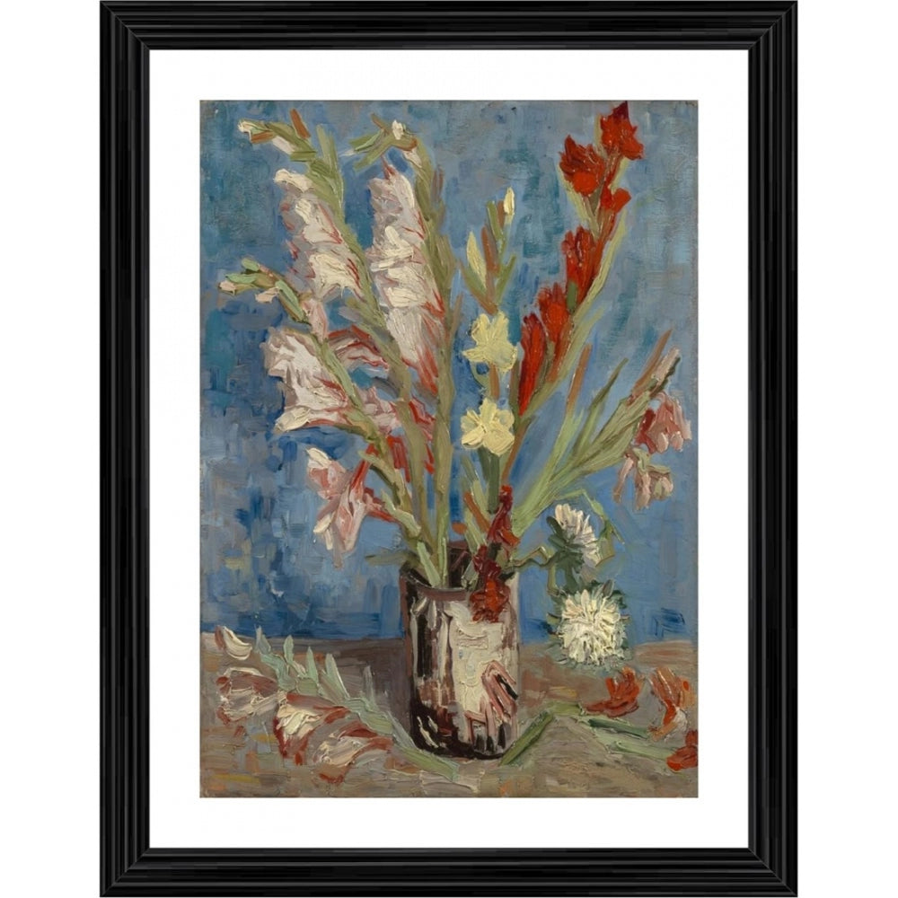 Amfyn Vase with Gladioli and Chinese Asters 1886 Painting With Wood Photo Frame (Multicolor)