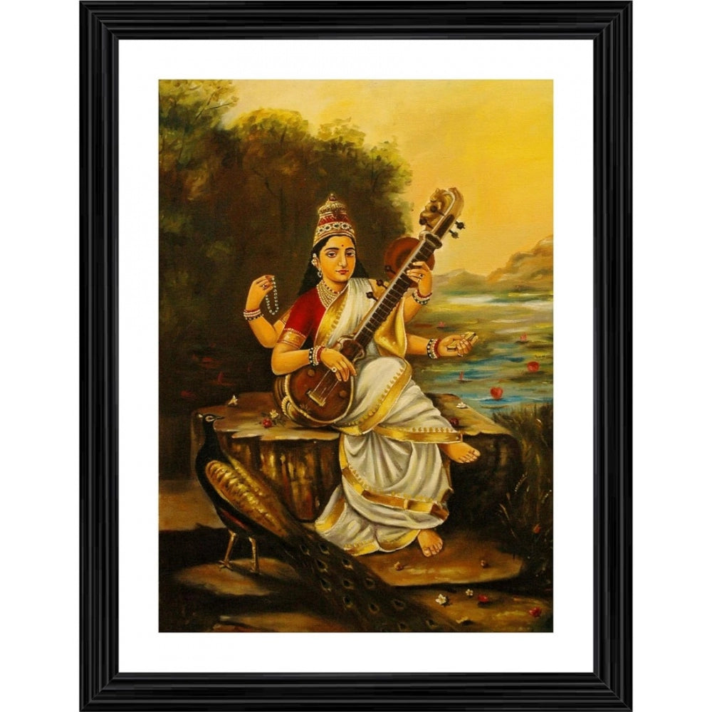 Amfyn Goddess Saraswati with Sitar Peacock 1896 Painting With Wood Photo Frame (Multicolor)