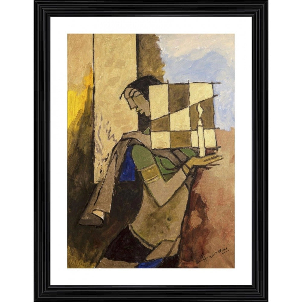 Amfyn Lady with a Candle Painting With Wood Photo Frame (Multicolor)