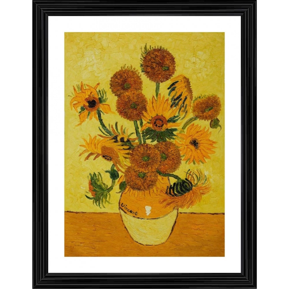 Amfyn Vase with Fifteen Sunflowers 1888 Painting With Wood Photo Frame (Multicolor)