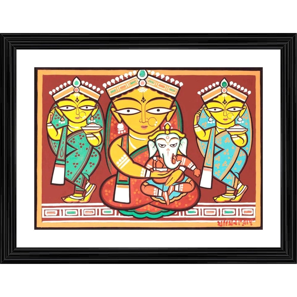 Amfyn Parvati Ganesh Painting With Wood Photo Frame (Multicolor)