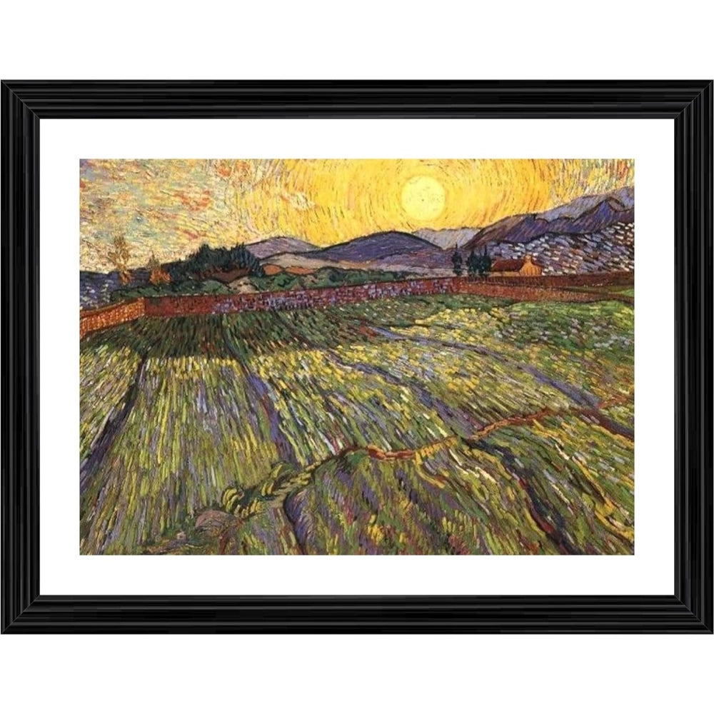 Amfyn Wheat Field With Rising Sun 1889 Painting With Wood Photo Frame (Multicolor)