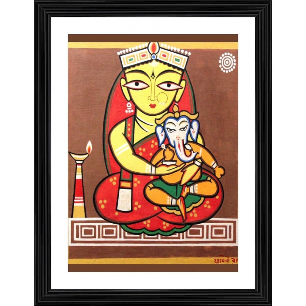 Amfyn Ganesh Parvati Painting With Wood Photo Frame (Multicolor)