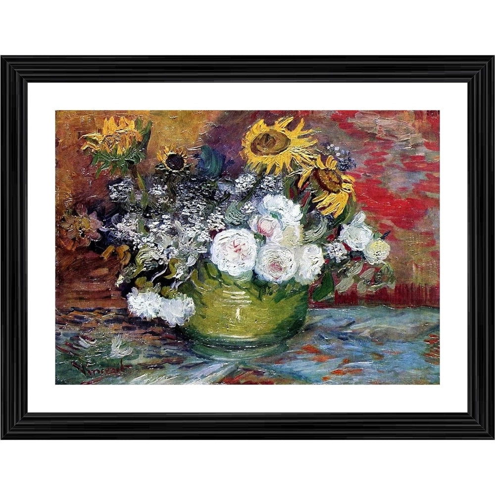 Amfyn Still life with roses and sunflowers 1886 Painting With Wood Photo Frame (Multicolor)