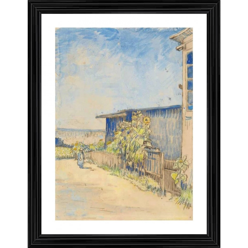 Amfyn Shed with Sunflowers 1887 Painting With Wood Photo Frame (Multicolor)