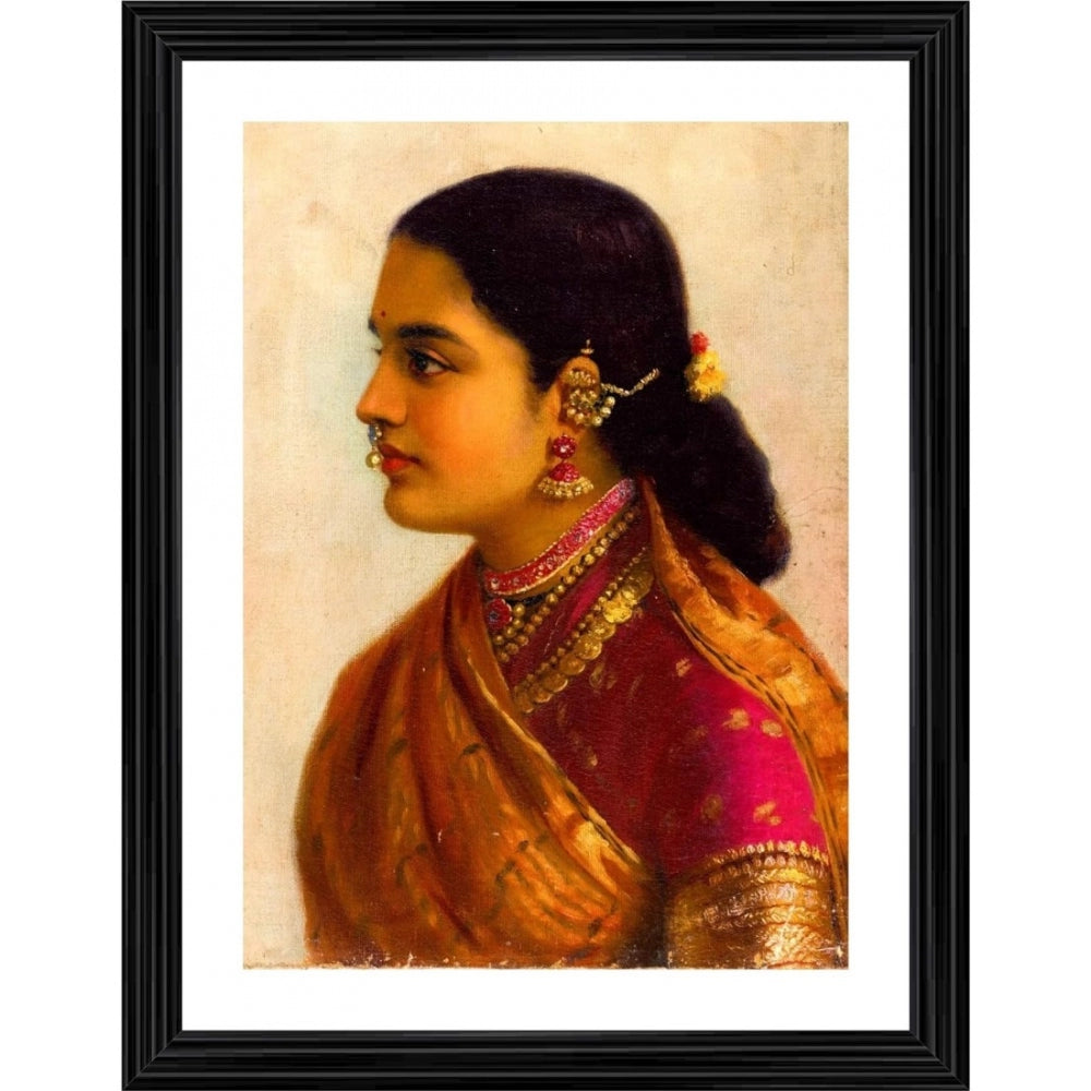 Amfyn Lady in Crimson Red Saree 1900 Painting With Wood Photo Frame (Multicolor)