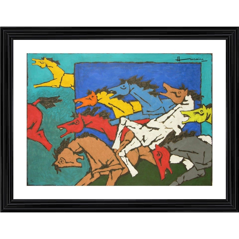 Amfyn Village Horses Painting With Wood Photo Frame (Multicolor)