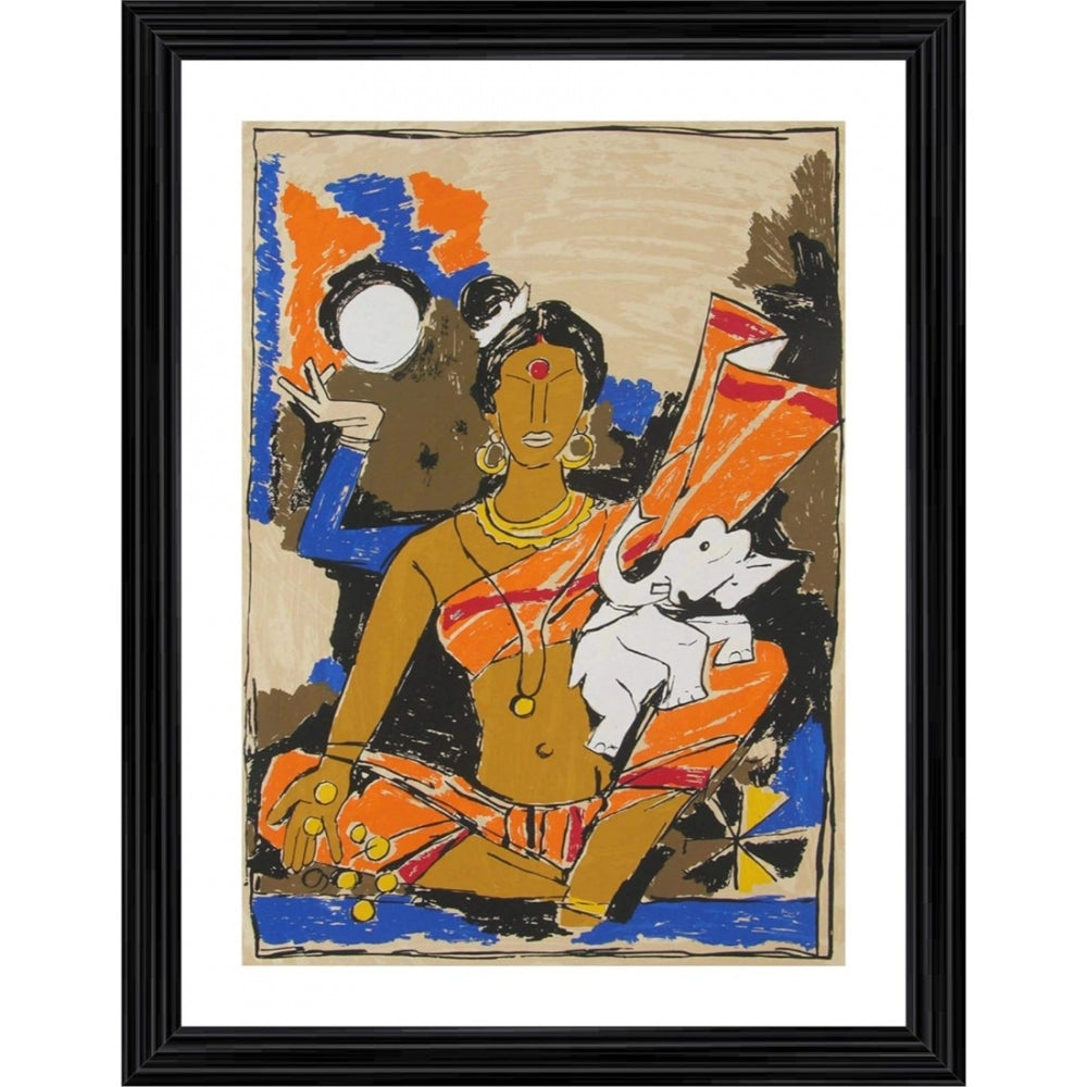 Amfyn Goddess Lakshmi Painting With Wood Photo Frame (Multicolor)