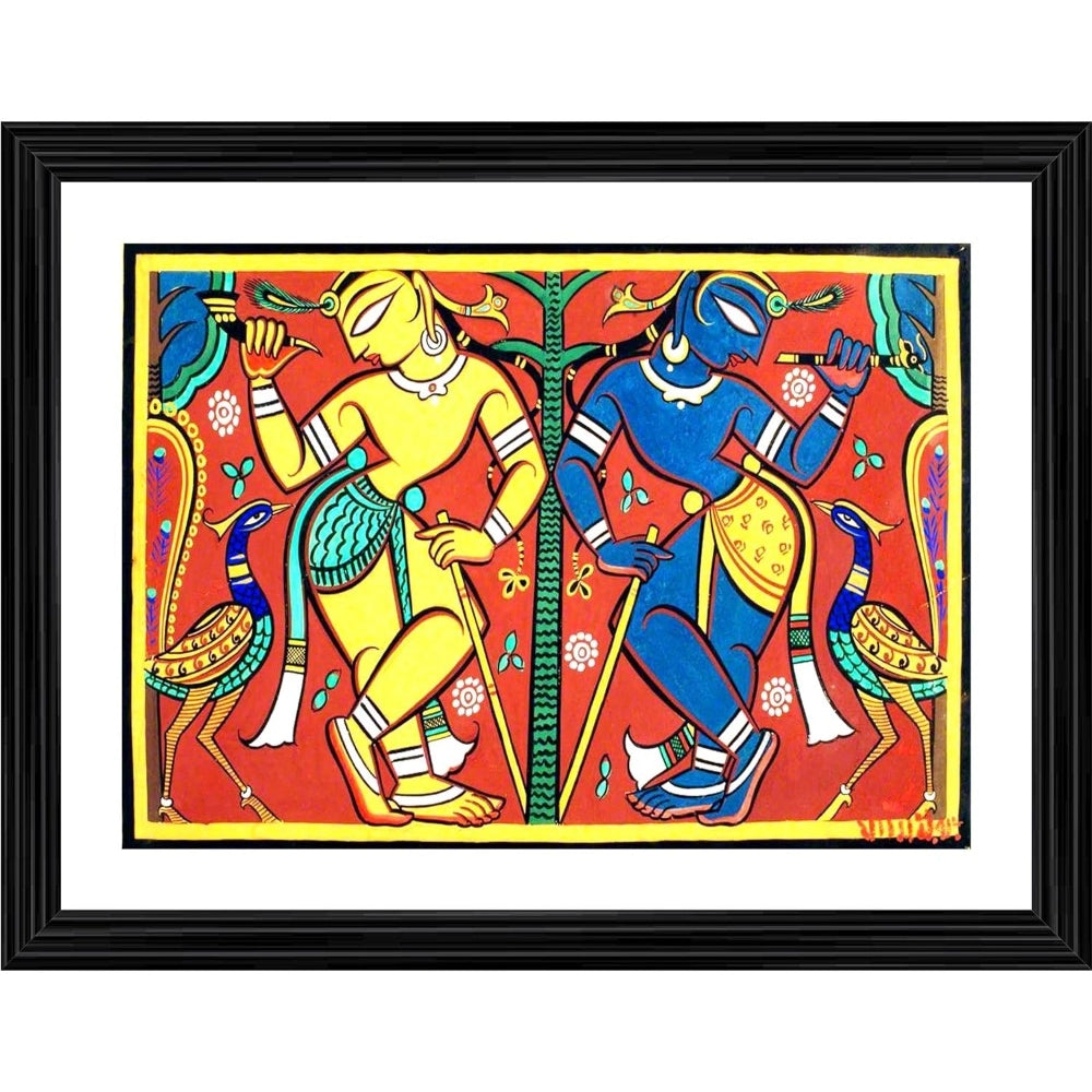 Amfyn Krishna Balram Painting With Wood Photo Frame (Multicolor)