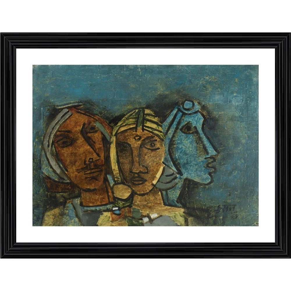 Amfyn Three Ladies Rajasthan 1963 Painting With Wood Photo Frame (Multicolor)