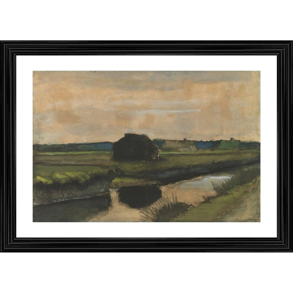 Amfyn Stack of Peat and Farmhouses 1883 Painting With Wood Photo Frame (Multicolor)