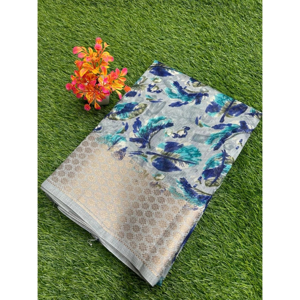 Amfyn Women's Linen Printed Saree With Unstitched Blouse (Navy, 5-5 Mtrs)