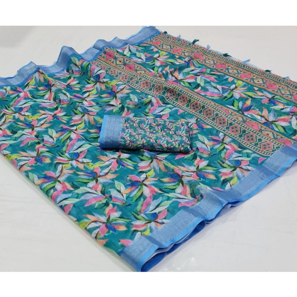 Amfyn Women's Cotton Printed Saree With Unstitched Blouse (Blue, 5-5 Mtrs)
