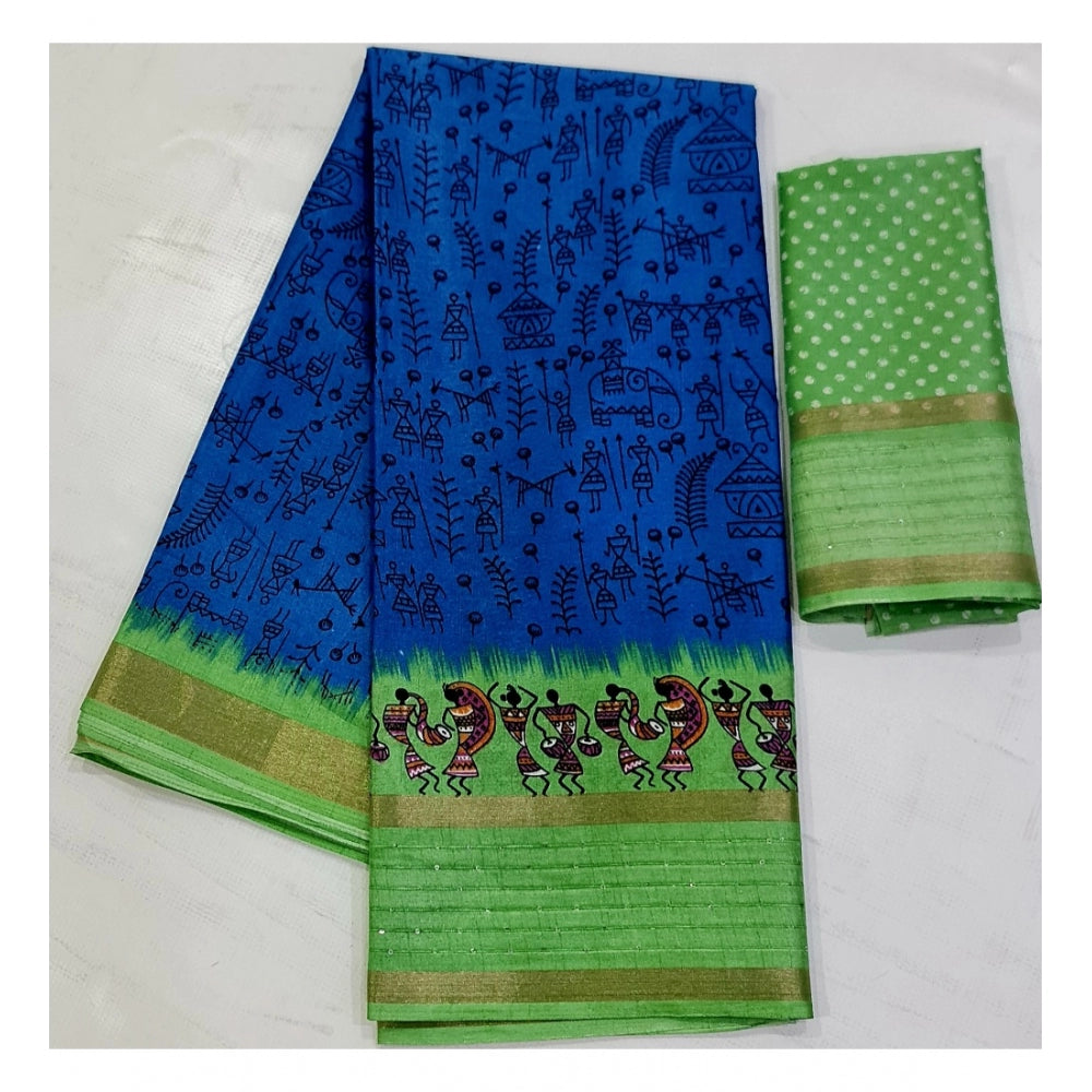 Amfyn Women's Cotton Printed Saree With Unstitched Blouse (Blue, 5-5 Mtrs)