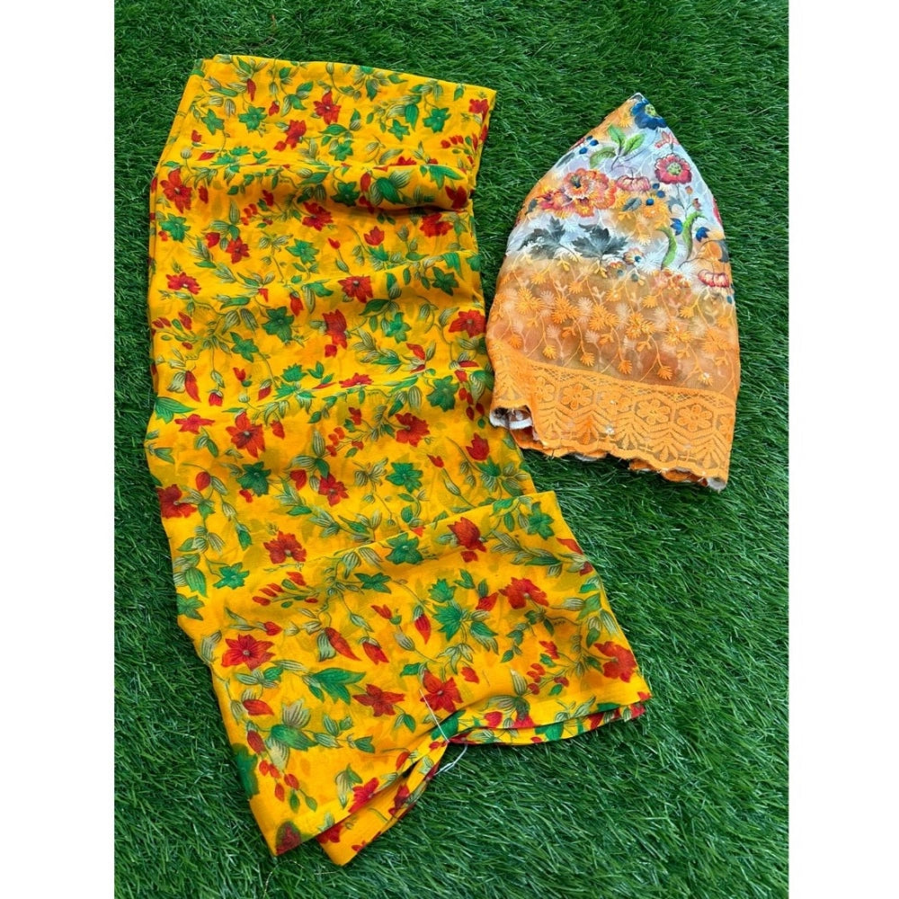 Amfyn Women's Georgette Printed Saree With Unstitched Blouse (Yellow, 5-5 Mtrs)