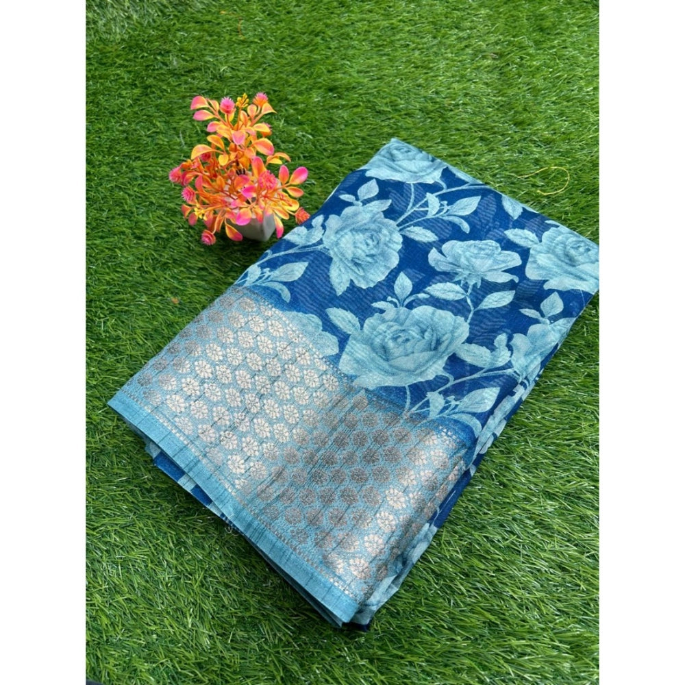 Amfyn Women's Cotton Printed Saree With Unstitched Blouse (Blue, 5-5 Mtrs)
