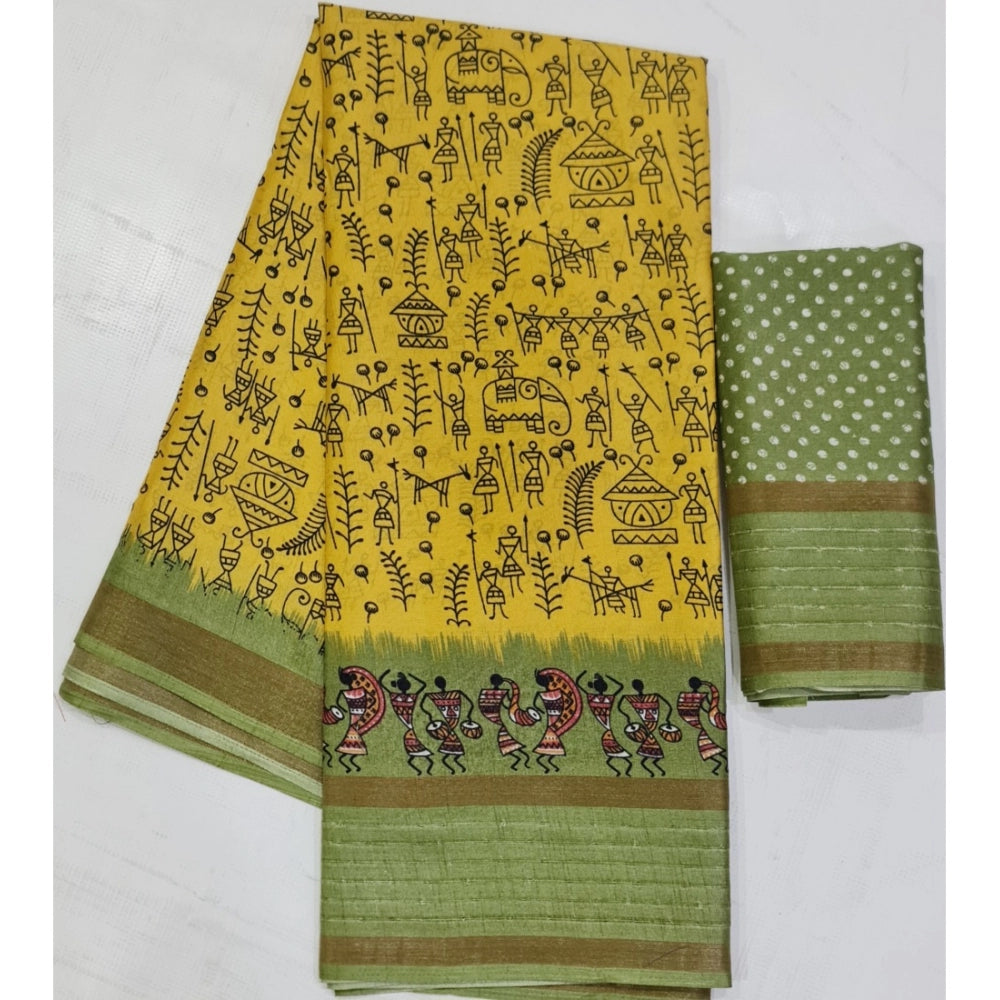 Amfyn Women's Cotton Printed Saree With Unstitched Blouse (Yellow, 5-5 Mtrs)