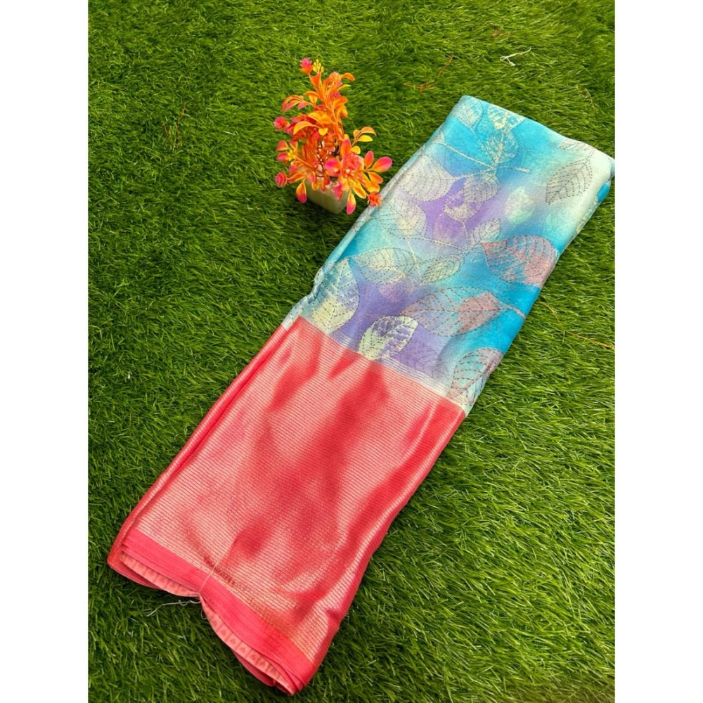 Amfyn Women's Brasso Printed Saree With Unstitched Blouse (Teal, 5-5 Mtrs)