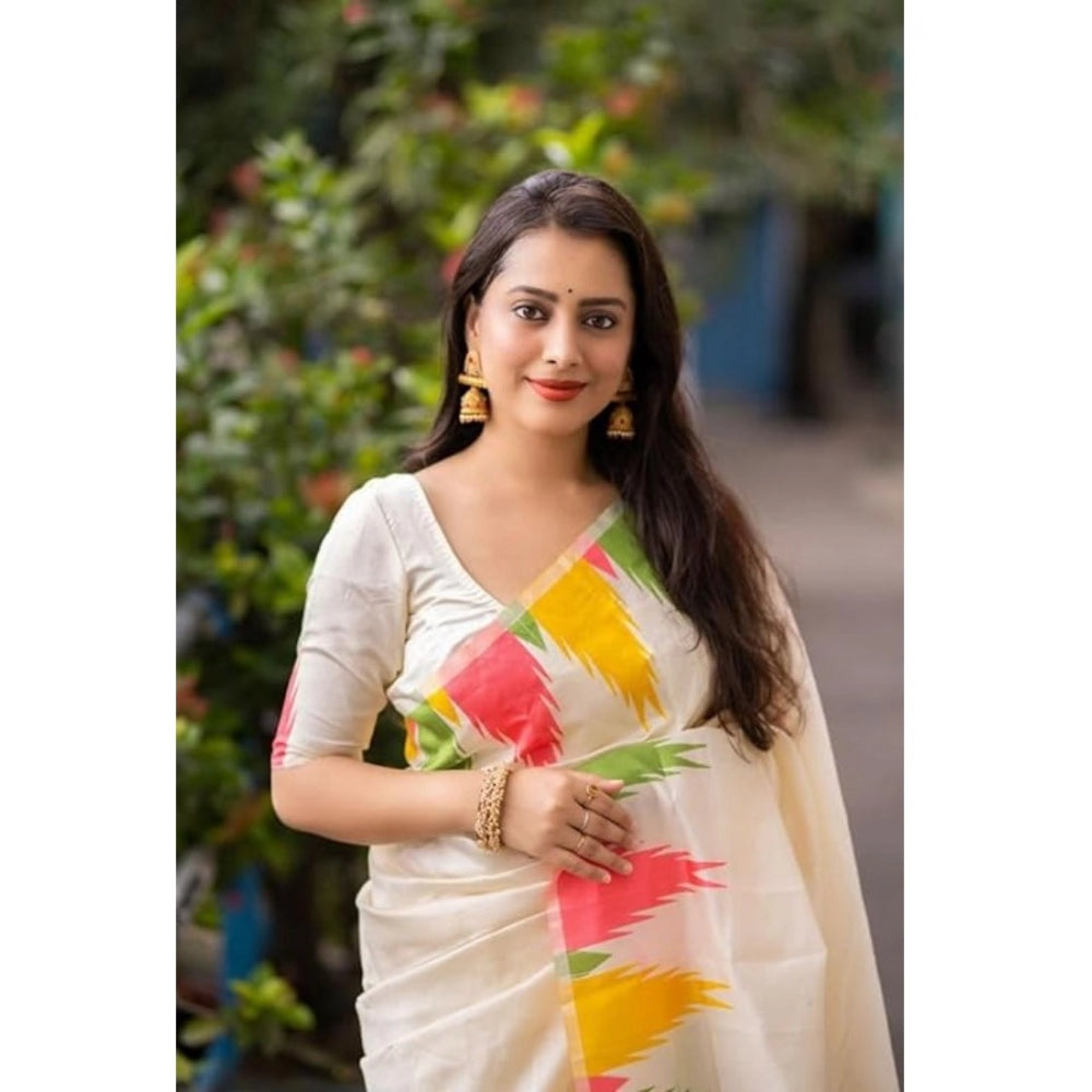 Amfyn Women's Tussar Silk Printed Saree With Unstitched Blouse (White, 5-5 Mtrs)