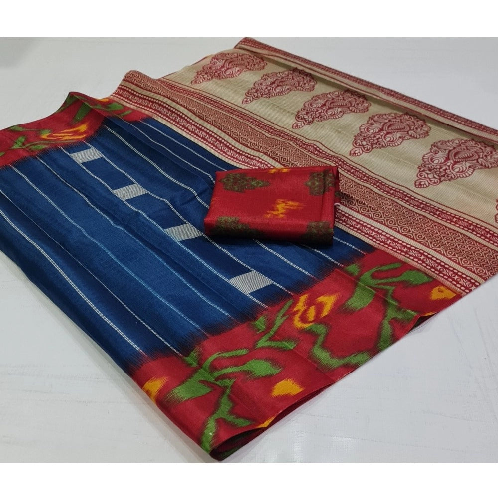 Amfyn Women's Cotton Silk Printed Saree With Unstitched Blouse (Blue, 5-5 Mtrs)