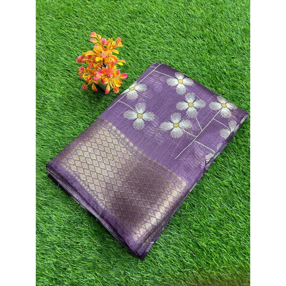 Amfyn Women's Cotton Printed Saree With Unstitched Blouse (Purple, 5-5 Mtrs)