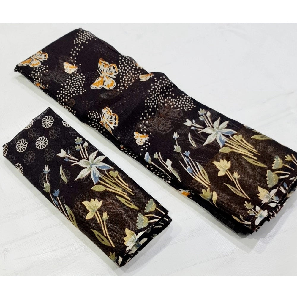 Amfyn Women's Cotton Printed Saree With Unstitched Blouse (Brown, 5-5 Mtrs)