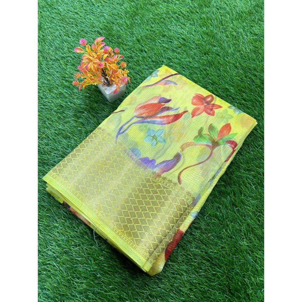 Amfyn Women's Cotton Printed Saree With Unstitched Blouse (Yellow, 5-5 Mtrs)