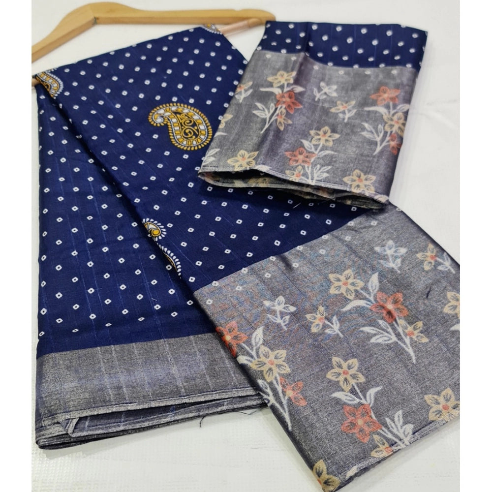 Amfyn Women's Cotton Silk Printed Saree With Unstitched Blouse (Dark-Blue, 5-5 Mtrs)
