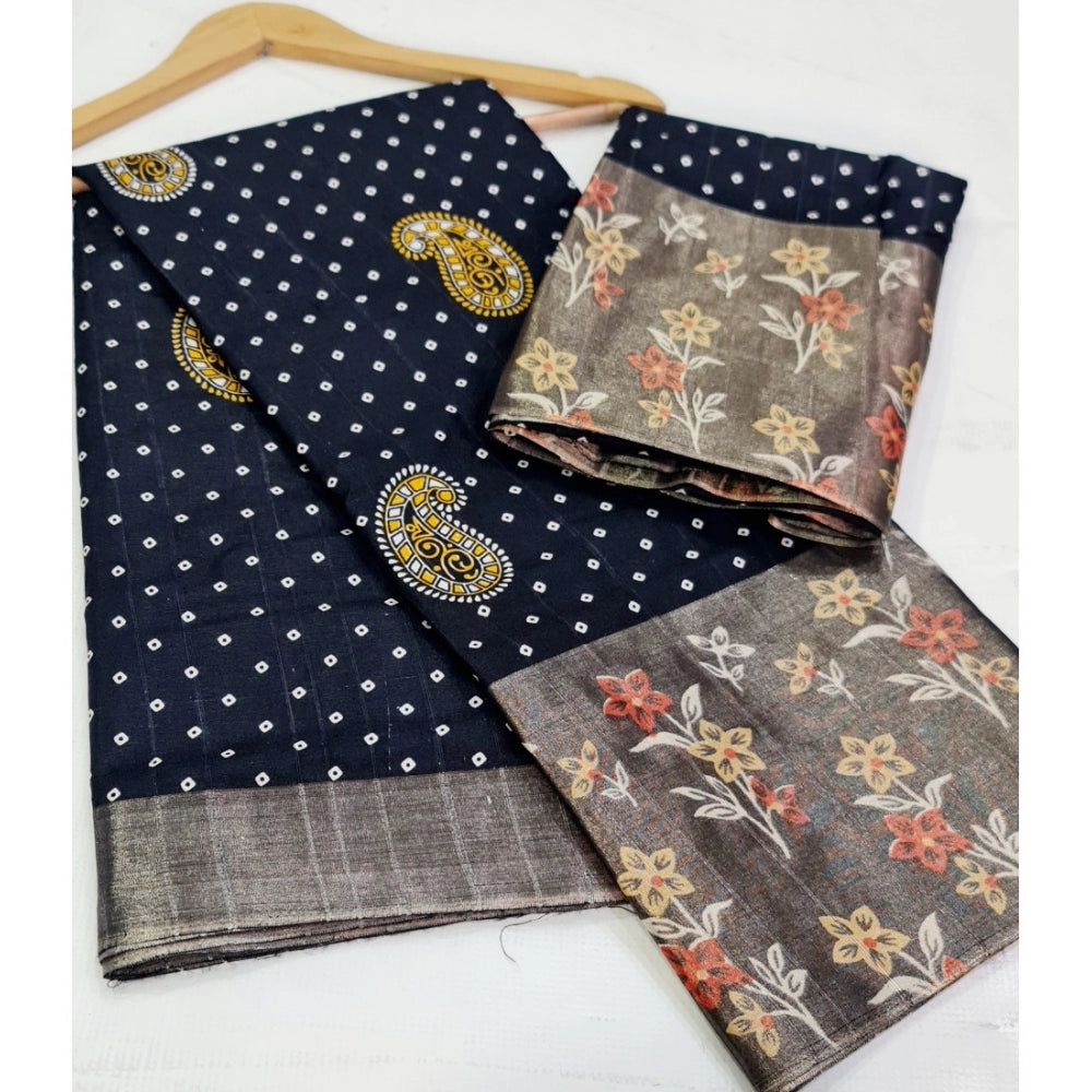 Amfyn Women's Cotton Silk Printed Saree With Unstitched Blouse (Black, 5-5 Mtrs)