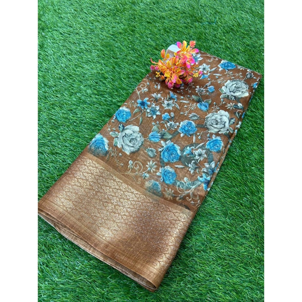 Amfyn Women's Cotton Printed Saree With Unstitched Blouse (Brown, 5-5 Mtrs)