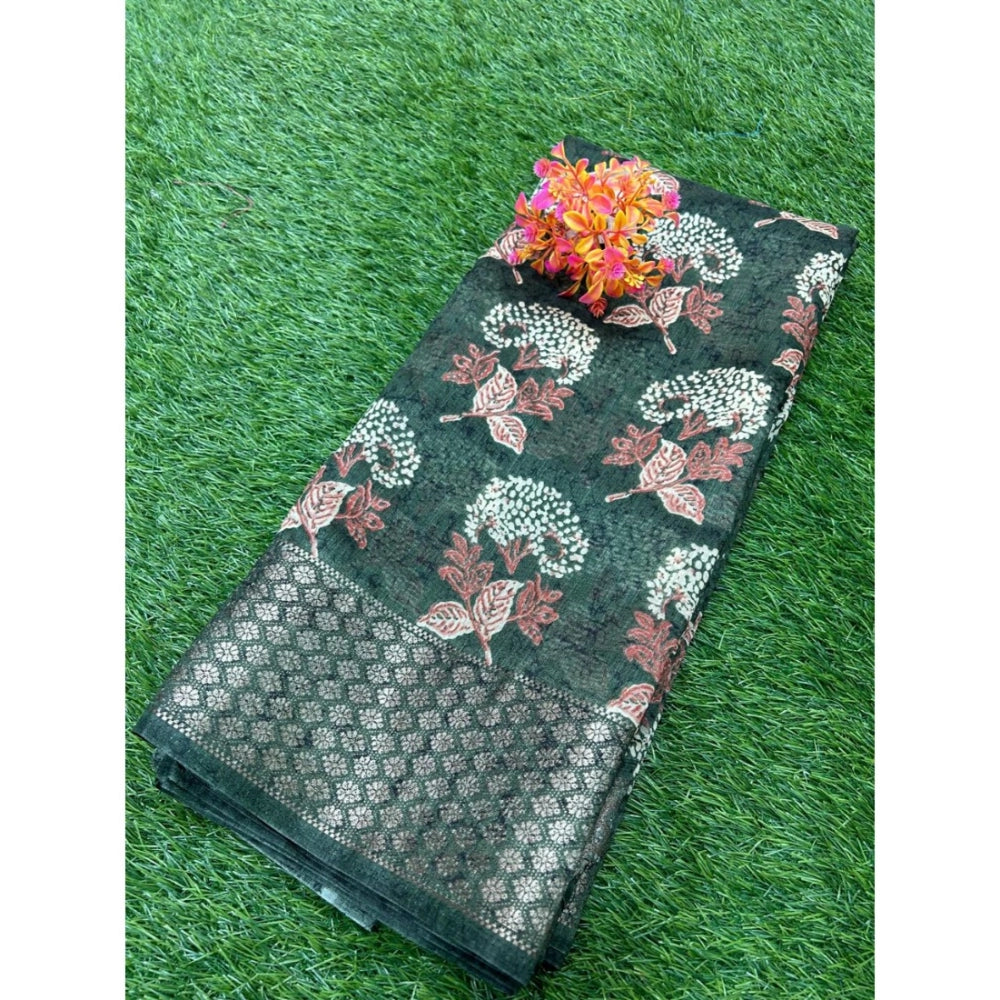 Amfyn Women's Cotton Printed Saree With Unstitched Blouse (Green, 5-5 Mtrs)