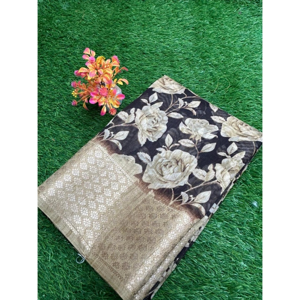 Amfyn Women's Cotton Printed Saree With Unstitched Blouse (Gold, 5-5 Mtrs)