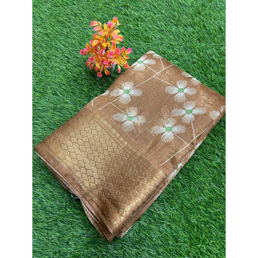 Amfyn Women's Cotton Printed Saree With Unstitched Blouse (Gold, 5-5 Mtrs)