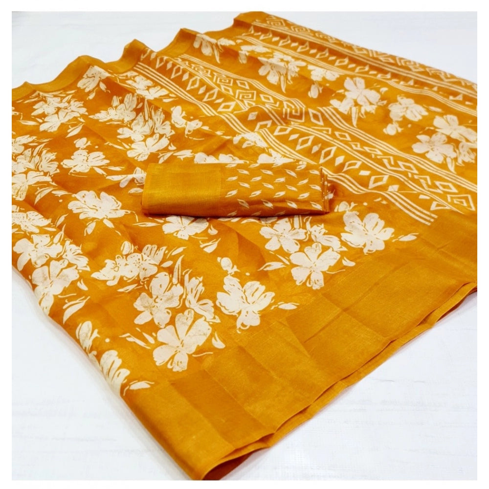 Amfyn Women's Cotton Printed Saree With Unstitched Blouse (Yellow, 5-5 Mtrs)